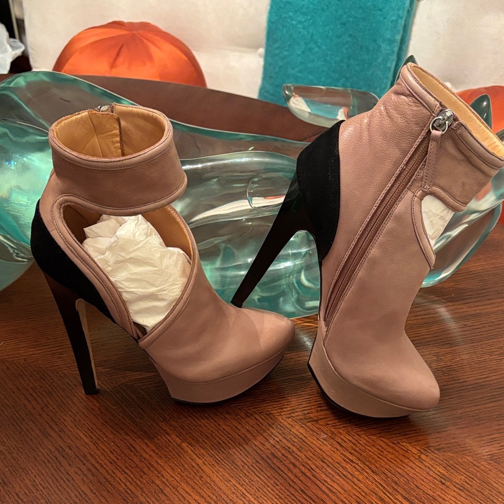 L.A.M.B. Nude and Black Heeled Boots